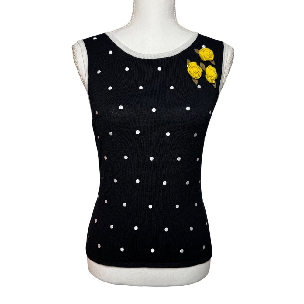Sydney Easton Polka Dot 3D Floral Rosette Top S Black White Yellow Excellent